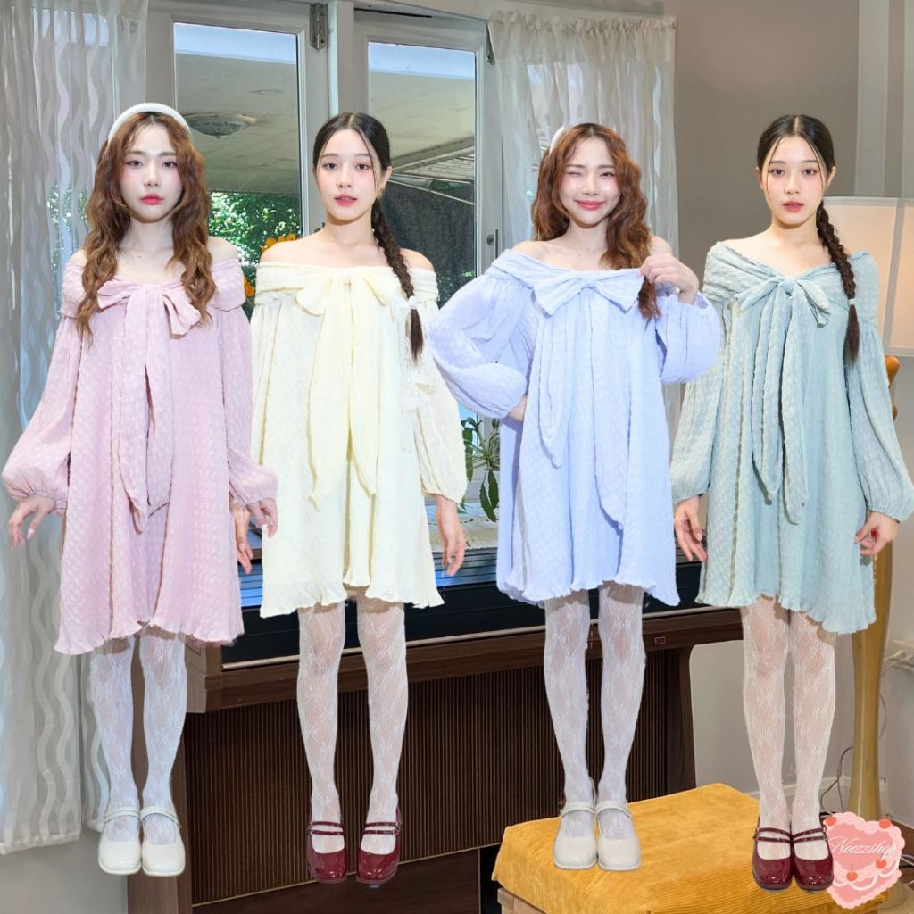 NOOZZSHOP 7910208 มินิเดรส ปาดไหล่ ฟรีไซส์ ผ้าพลีท  เดรสเที่ยวคาเฟ่