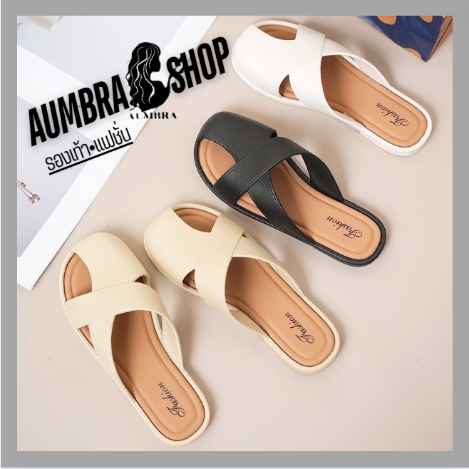รองเท้าแตะสวม สีพื้น แบบเปิดส้น หนังนิ่ม พื้นนุ่ม ดีเทลสายไขว์ สําหรับผู้หญิง T302