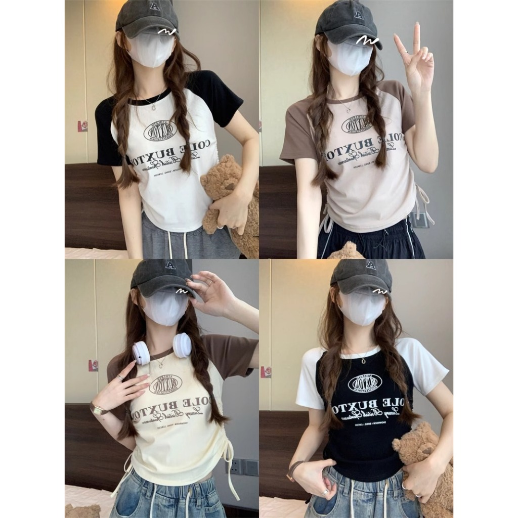 เสื้อครอปสาวอวบน่ารัก สีทูโทน เสื้อผ้าแฟชั่นฤดูร้อนใหม่ สไตล์เกาหลี เสื้อยืดรัดรูปสวยๆผู้หญิงที่กําลังฮิต ทรงสวย