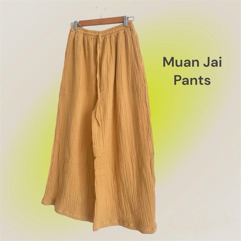 Muan Jai กางเกงม่วนใจ๋ ผ้าสาลู 2 ชั้น มีสายตรงเอว ใส่ได้ทั้งชายและหญิง
