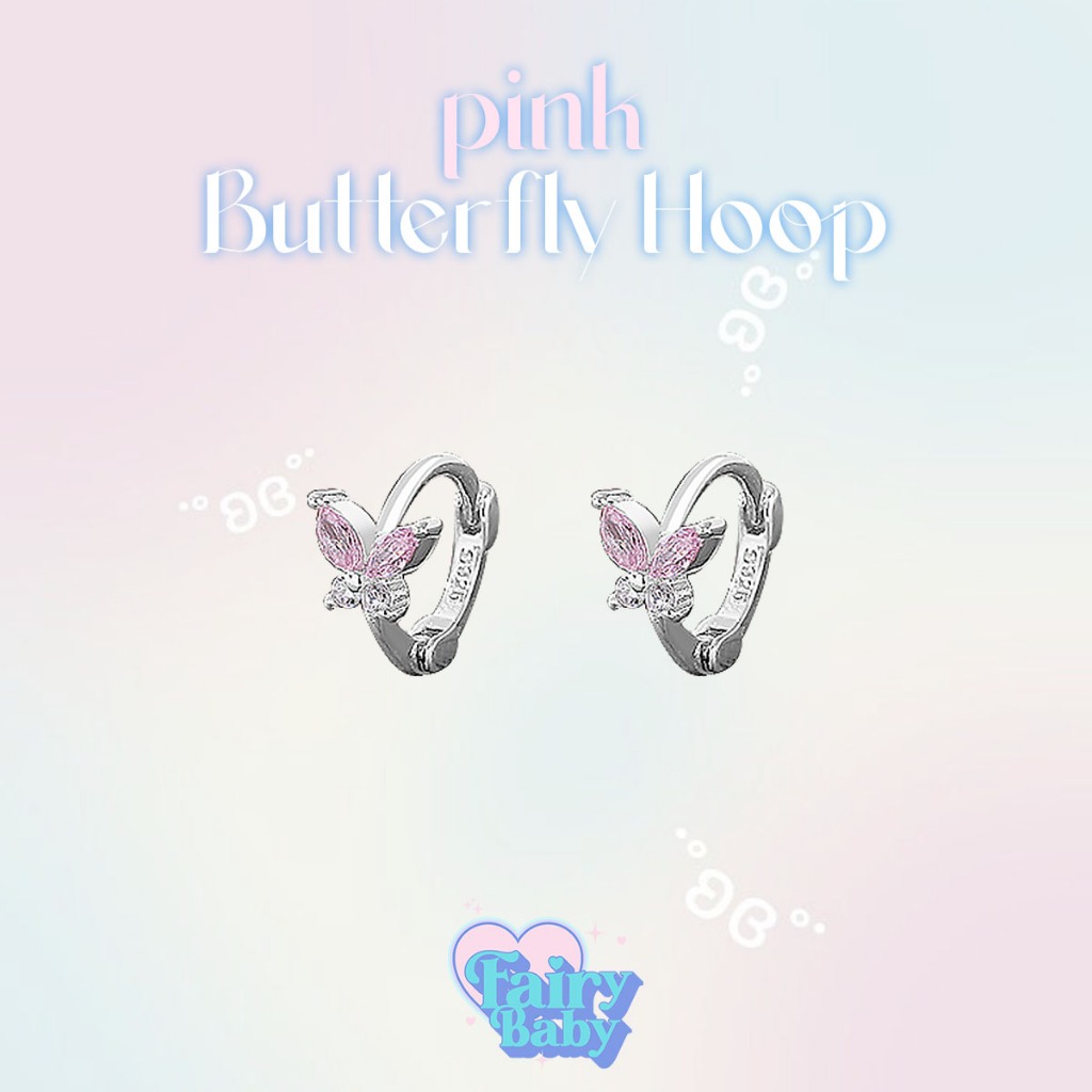 Fairybaby ต่างหู ห่วง จิ๋ว Pink Butterfly Hoop (5มิล) ตุ้มหูห่วง รูปผีเสื้อ โทนชมพู มินิ น่ารัก  1 คู่ 2 ชิ้น (E2-093)