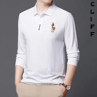 CLIFF -COD✅เสื้อโปโลผู้ชาย ลำลอง แบบหลวม เย็บปักถักร้อย เรียบง่าย เข้ารูป คอปกแขนยาว