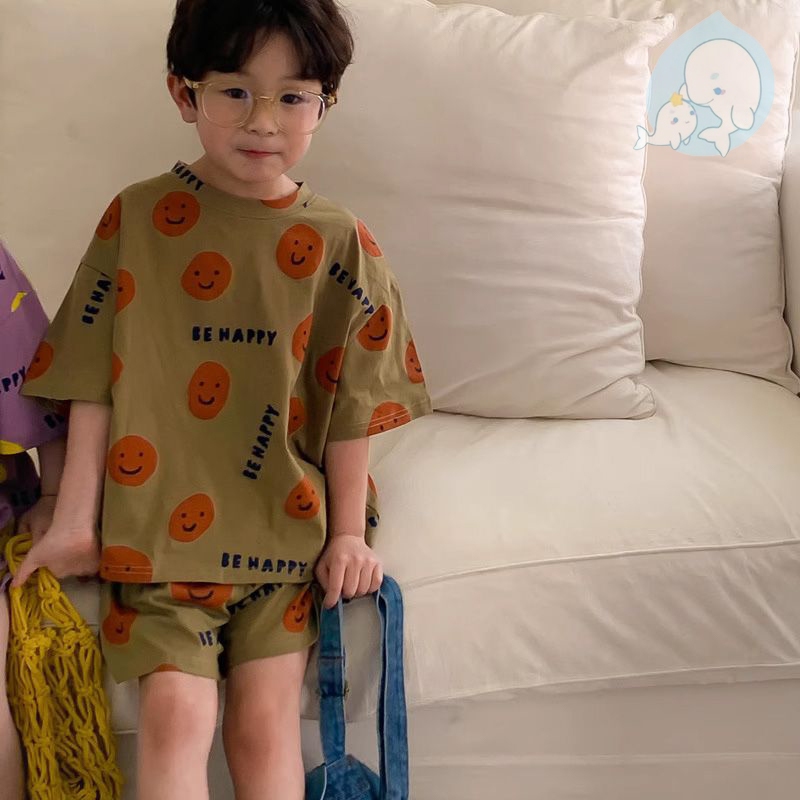 เสื้อผ้าสาว ชุดเซ็ทเด็ก ผญ สไตล์เกาหลีหน้ายิ้มแขนสั้นลำลองชุดสูท #48