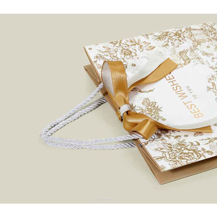 🌷BOX🌷ถุงกระดาษสีขาวทอง ใส่ของรับไหว้ ลายเรียบหรู มีริบบิ้น2สี กระดาษหนา รับน้ำหนักได้เยอะ - รูปที่ 2