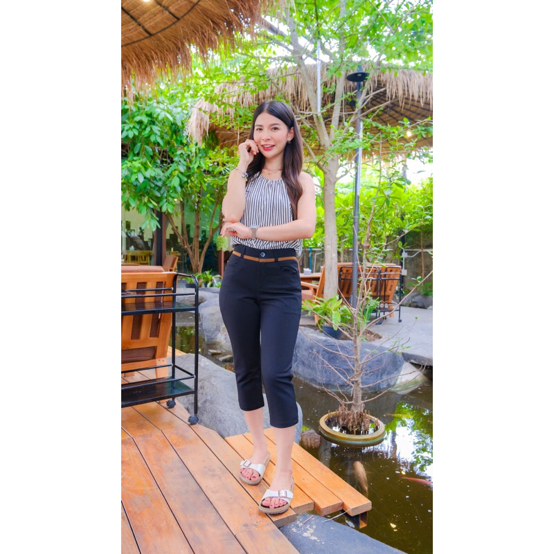 กางเกง 5 ส่วน ขอบทอง ผ้าโรเชฟ เกรดดีมากก เอวติดสะดือ ผ้าไม่เป็นขน ใส่สบายมาก (ไซส์ S-5XL)