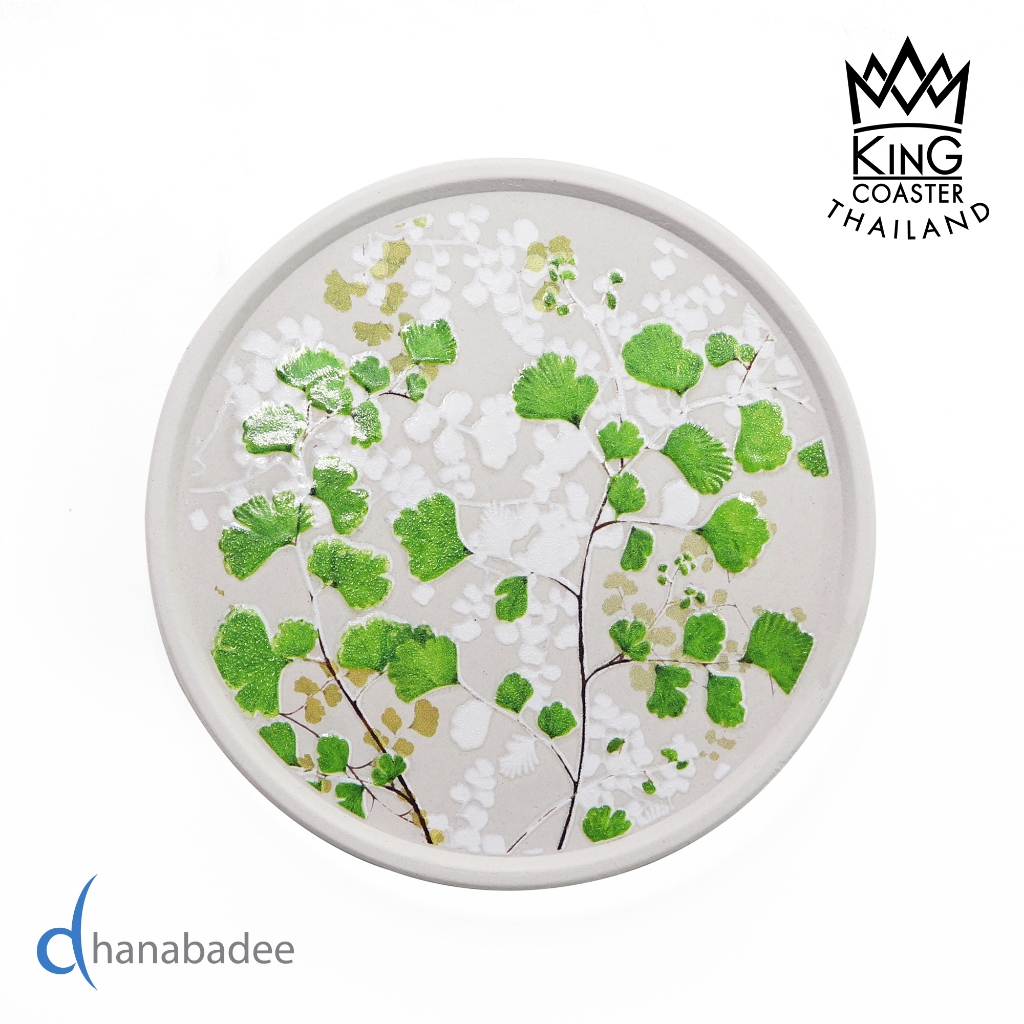 จานรองแก้วดูดน้ำ ทรงกลมมีขอบ R10057 LEAF-04 ที่รองแก้วซับน้ำ King Coaster  ธนบดีเซรามิค ceramic coaster ของฝาก