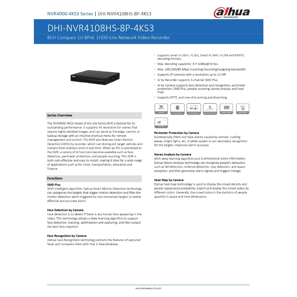 Dahua เครื่องบันทึกกล้องวงจรปิด 8CH รุ่น NVR4108HS-8P-4KS3