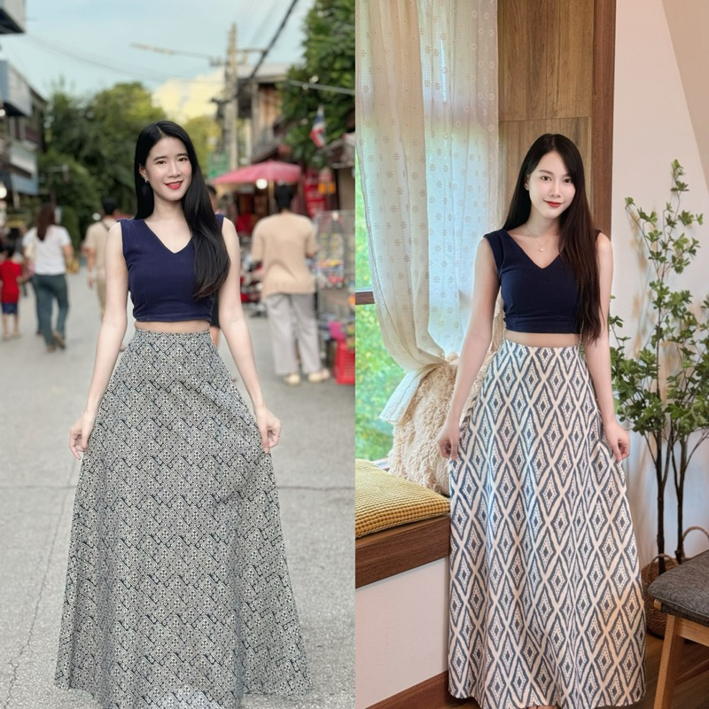 TANTANOD -รหัสTL3 เสื้อกล้ามครอป กระโปรงยาว ลายไทย(ผ้าฝ้าย)