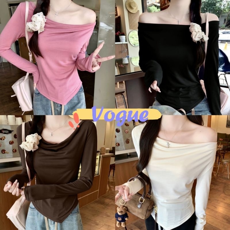 Vogue พร้อมส่ง เสื้อเปิดไหล่ไหมพรม แขนยาว สีพื้น ดีเทลปลายเฉียง (MX059)
