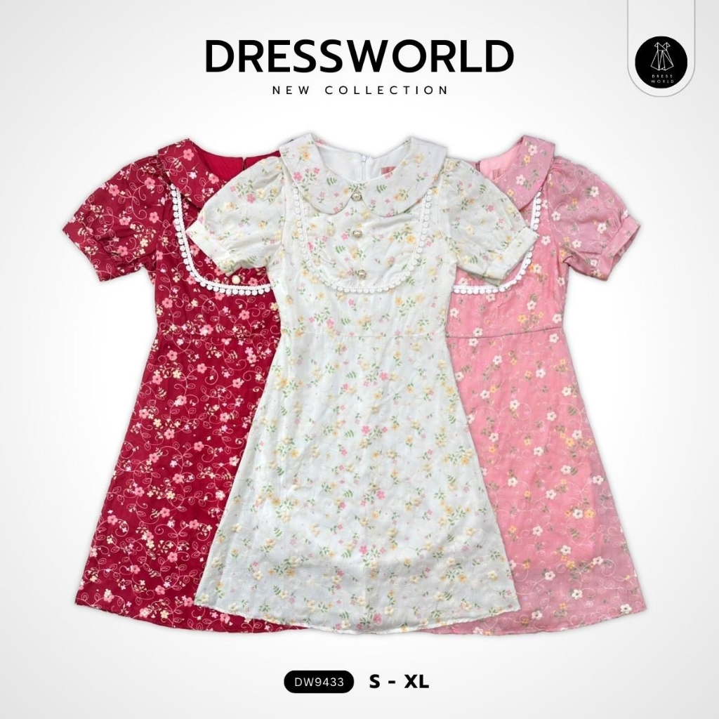{S-XL} 9433 งานป้าย Dress World เดรสสั้นทรงบาน คอปก แขนตุ๊กตา น่าร๊าก ใส่ได้ทุกงานจ้า