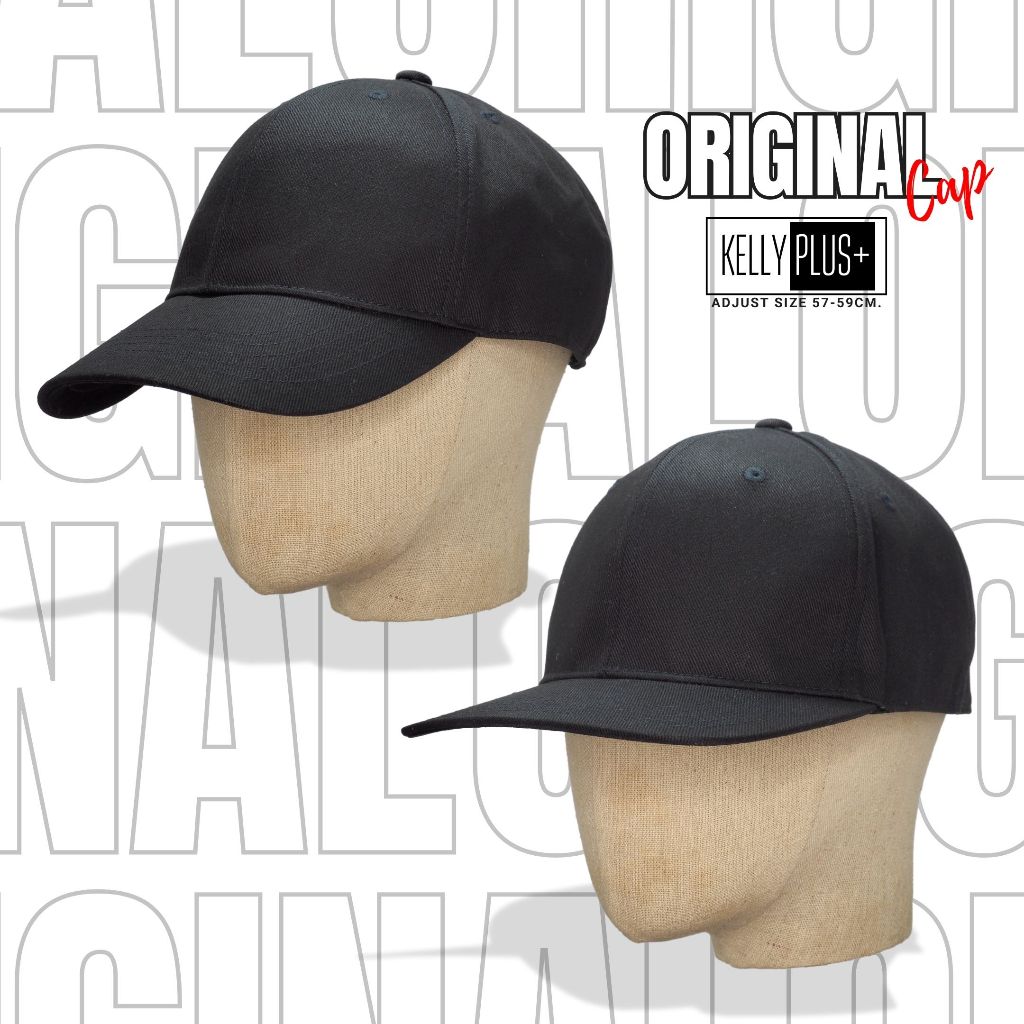 หมวกแก๊ปผ้าลายสอง Cotton 100% สีดำ Kelly Original Cap หมวกเปล่าไม่มีงานปัก ปรับไซส์ได้ 57-59 cm.