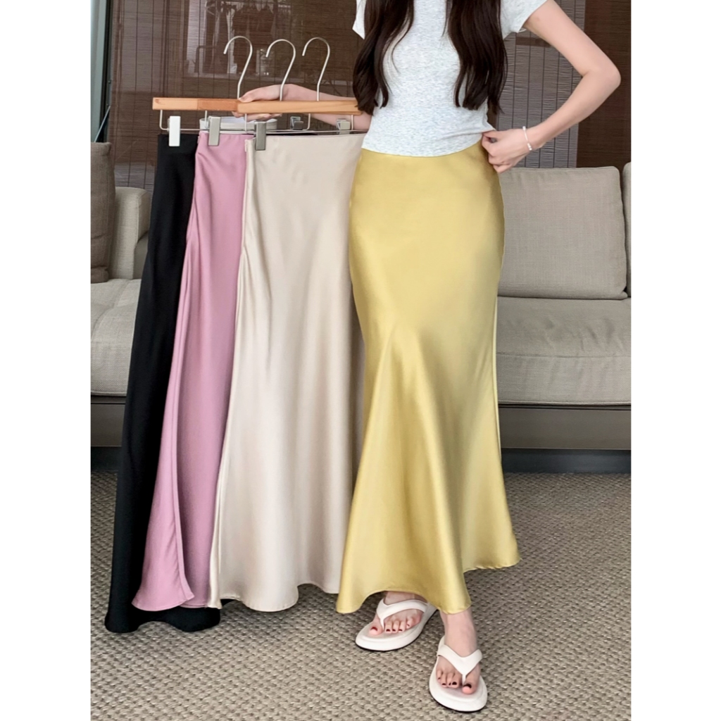 mimi&didi กระโปรงหางปลาเรียบหรู ความยาวปานกลาง สีพื้น สไตล์เกาหลี แฟชั่นฤดูร้อน สําหรับผู้หญิง8807