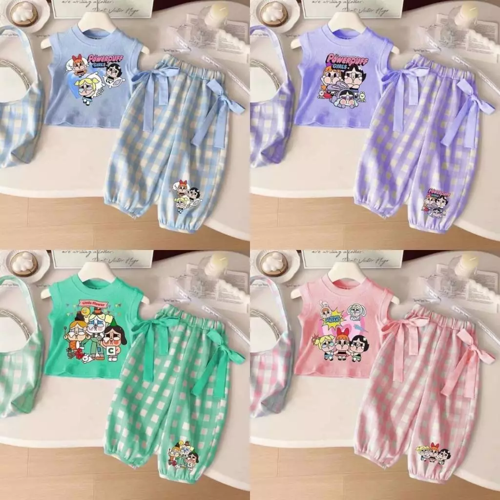 BB055 ชุดเชต เสื้อppg+กางเกงแต่งโบว์ น่ารัก สีหวาน สำหรับลูกสาว