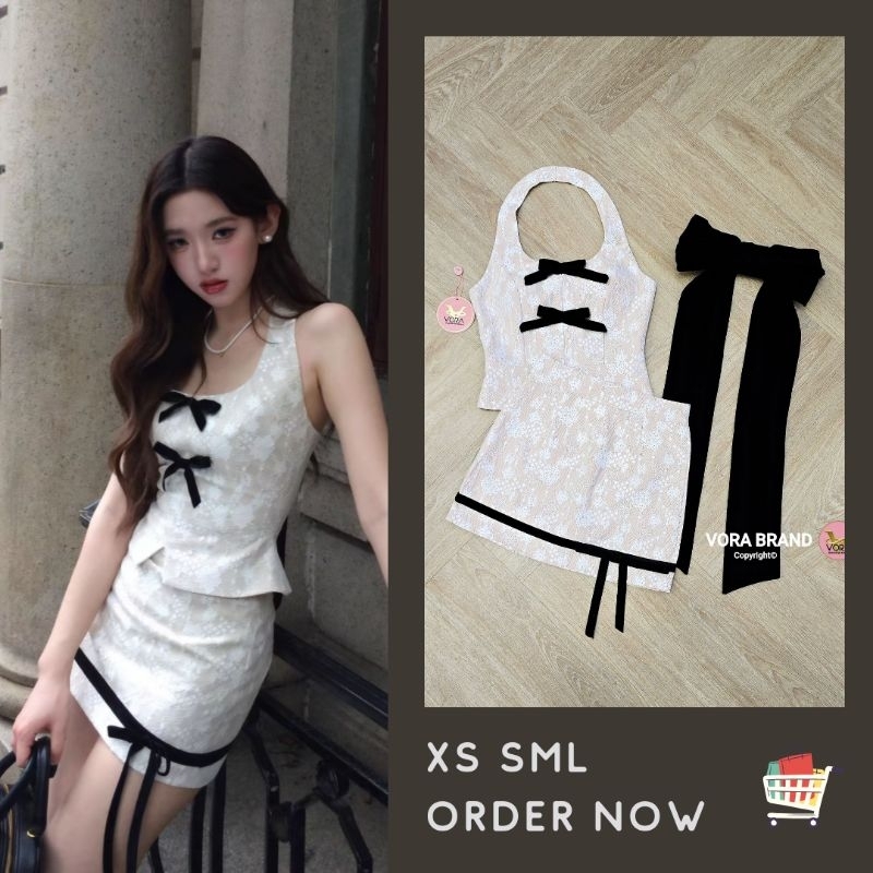 XS-L ชุดเซ็ทสไตล์เวียดนาม เซทเสื้อคล้องคอ+กระโปรงสั้น ชุดลูกไม้สีขาว ชุดปาร์ตี้แซ่บๆ งานป้าย Vora