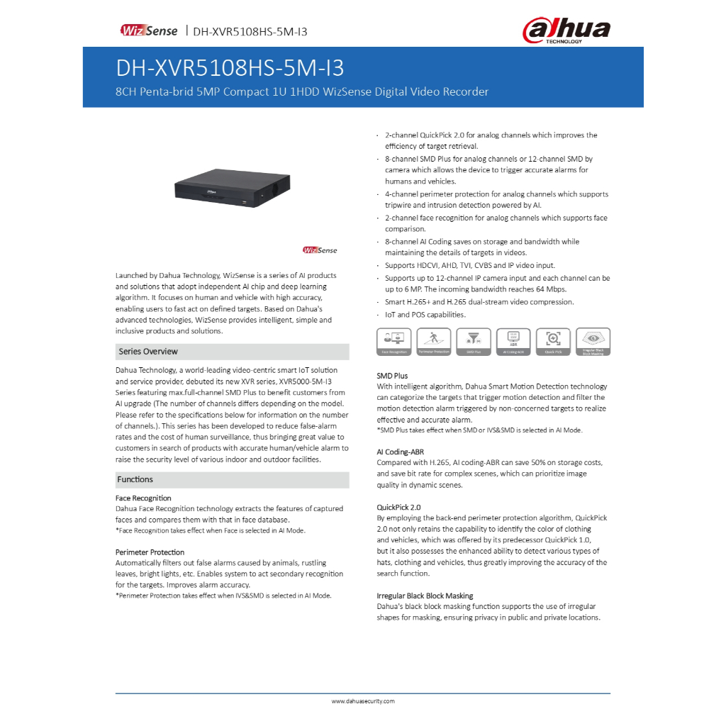 DAHUA เครื่องบันทึกภาพกล้องวงจรปิด 8CH รองรับการบันทึกภาพ HD สูงสุด 5MP รุ่น XVR5108HS-5M-I3