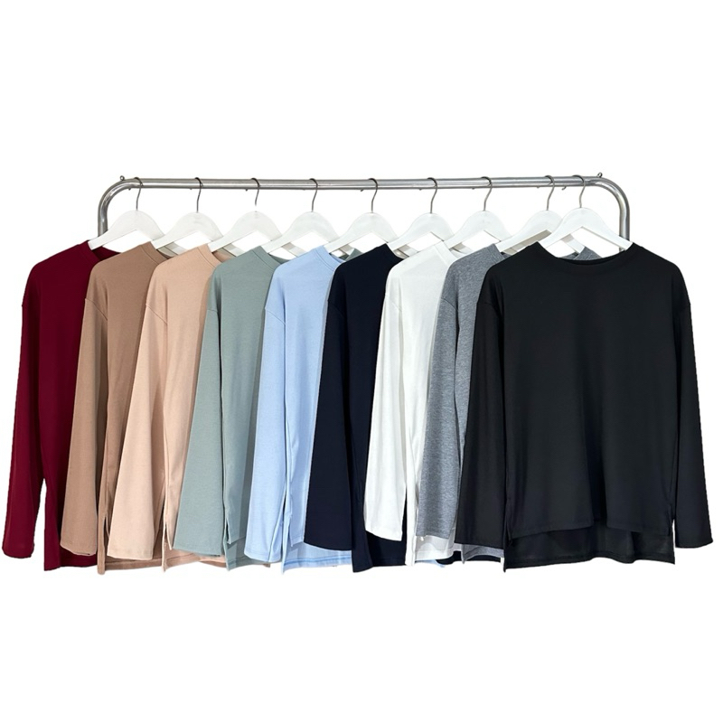 เสื้อคอกลมแขนยาว ดีเทลหน้าสั้นหลังยาว ผ้าร่องเล็ก นุ่ม ยืด ใส่สบาย ไม่ต้องรีด (Unisexใส่ได้ทั้งชายและหญิง) อก 30-44 นิ้ว