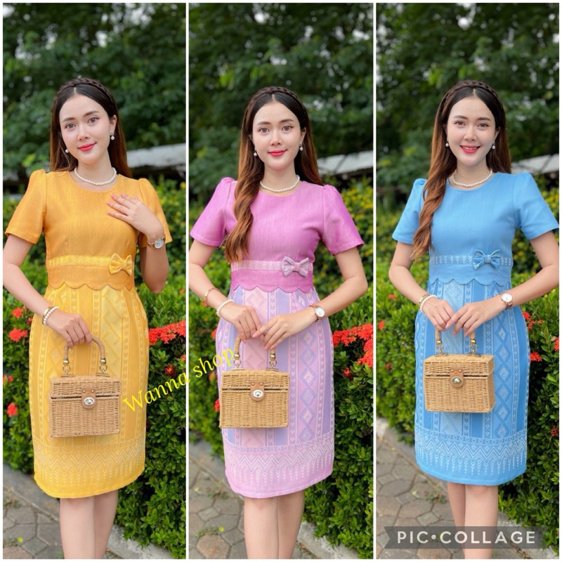 เดรสผ้าทอลาย ผ้าไทยทรงสอบ เอวหยักแต่งโบว์ พร้อมส่ง