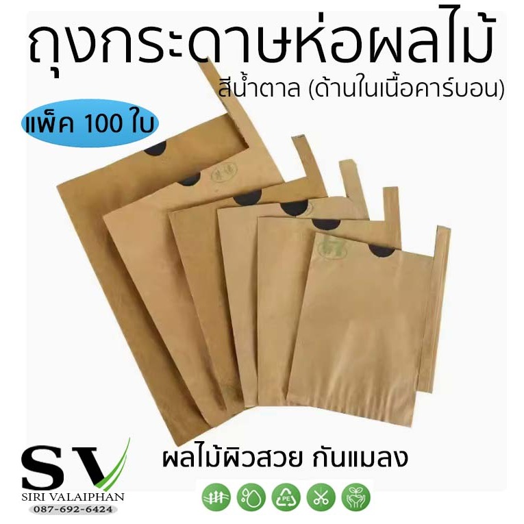 ถุงกระดาษห่อผลไม้ แพ็ค 100 ใบ ด้านนอกสีน้ำตาล (ด้านในเนื้อคาร์บอนสีดำ) เพื่อให้ผิวผลไม้สีนุ่มนวลขึ้น กันแมลง ราคา ถูกที่สุด ดีลบีเคเค