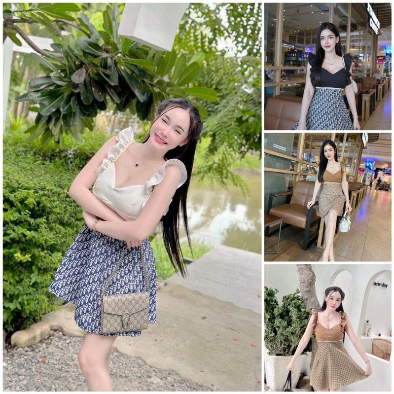 เดรสแต่งระบายเเขนส่วนบนเป็นผ้าพื่น ส่วนล่างผ้าทอ พิมลาย น่ารักๆ