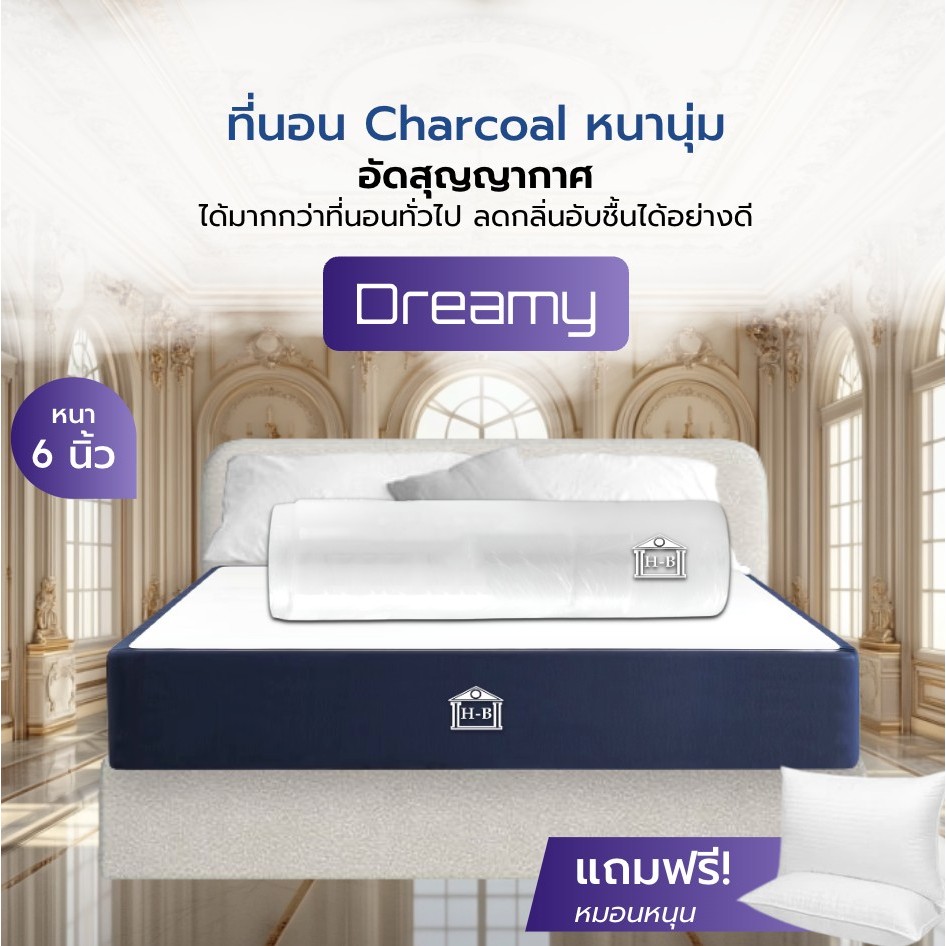 Home Best [อัดสุญญากาศ] ที่นอน Charcoal หนา 6 นิ้ว รุ่น Dreamy Haven นอนสบาย ไร้กลิ่นอับ แถมฟรีหมอนห