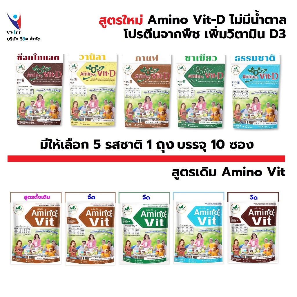 Amino Vit-D สูตรใหม่ และ Amino Vit สูตรเดิม บรรจุถุงละ 10 ซอง มีราคาประหยัดเมื่อซื้อมากกว่า 1ถุง