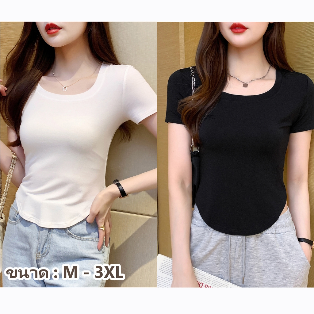 💕กรุงเทพจัดส่งสินค้า💕คอ U เสื้อยืดครอป แขนสั้น เวอร์ชั่นเกาหลีของกระแสน้ำแน่นเข้ารูปพอดีสั้นเอวสูงบา