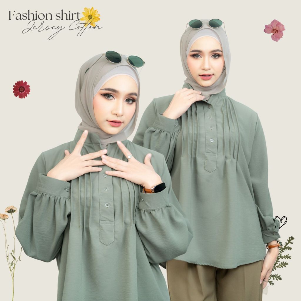เสื้อแขนโคมไฟ ตีเกล็ดหน้า คละเนื้อผ้า ดีเทลเรียบง่ายสวมใส่สบาย สีพื้นดูสุภาพ ทรงคอสูงDG07วาริสมุสลิม