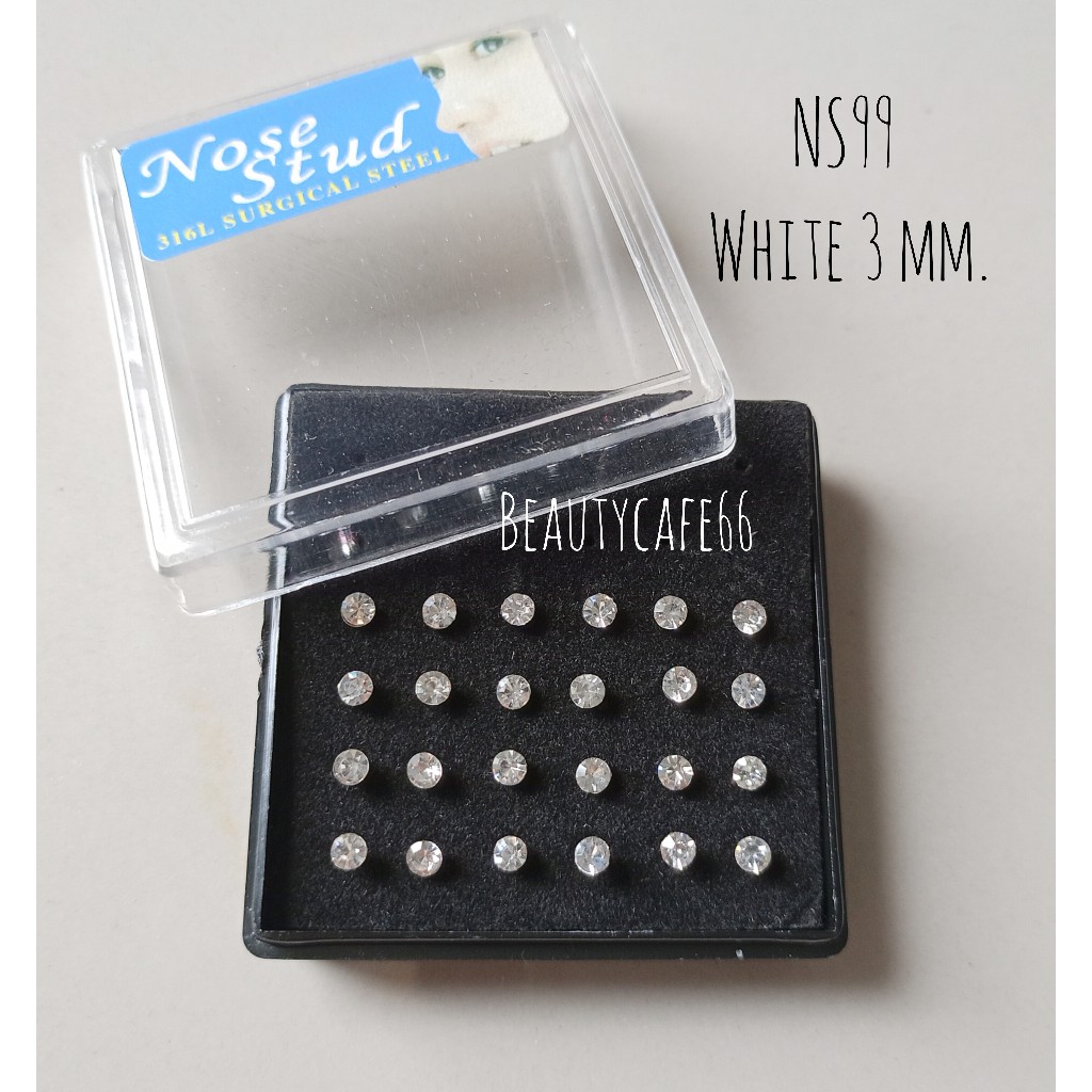 NS99 จิวจมูกสแตนเลส (ยกกล่อง) เพชรขาว เพชรสี ดอกไม้ ดาว ก้าน 0.8*7 mm.