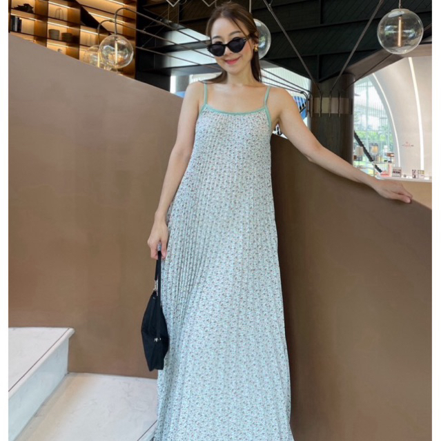 Single print pleated dress เดรสสายเดี่ยวทรงยาวพิมพ์ลายกุ๊นขอบเกาหลี เดรสใส่ออกงาน sizeใหญ่ใส่ได้