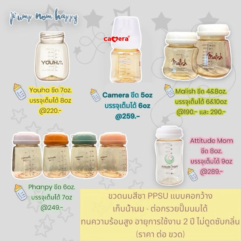 ขวดนมสีชา PPSU คอกว้าง ใช้ได้ถึง 2 ปี Youha / Phanpy / Attitude Mom / Camera Baby