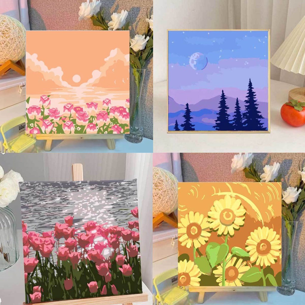ระบายสีตามตัวเลข DiY ภาพวาดระบายสีตามตัวเลข ภาพวาดสีน้ำมันดิจิตอลใส่กรอบ20X20ซม ของขวัญ DIYดภาพวาดตกแต่งผน