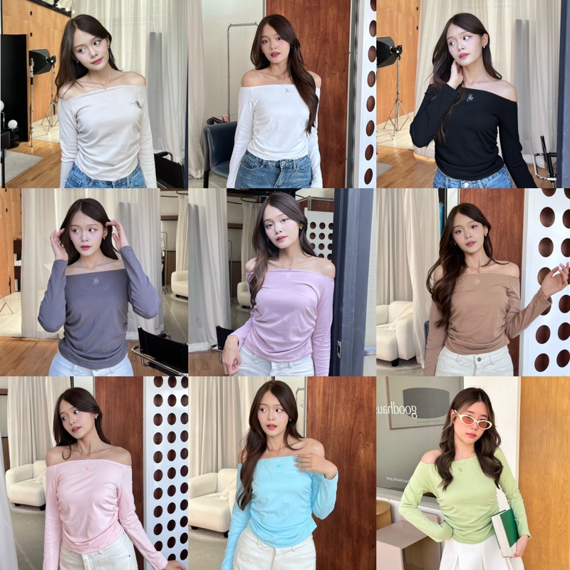 BEMYCHIC เสื้อปาดไหล่แขนยาวแต่งย่นข้าง รุ่น belly top