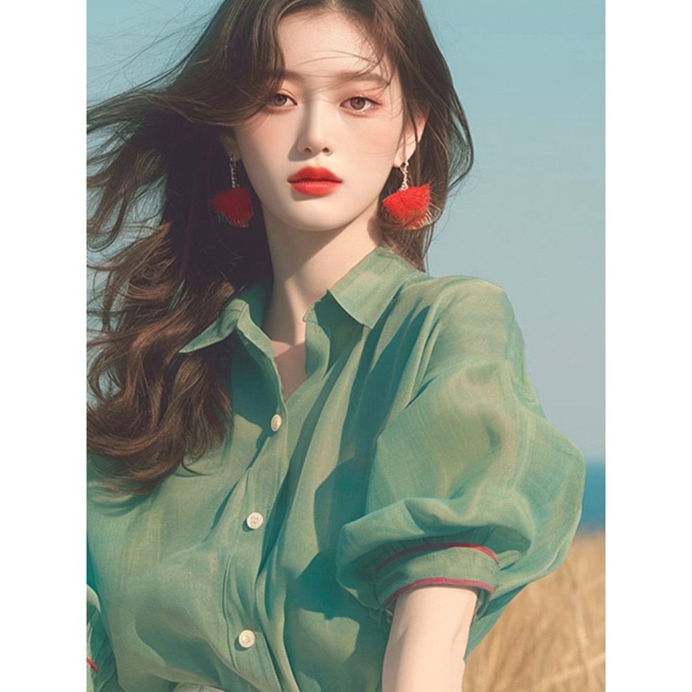 SMB2067 เสื้อเชิ้ดผ้าชีฟอง คอปก ดีไซน์แขนสั้นพองสไตล์เกาหลี  ฟรีไซส์ อก 38