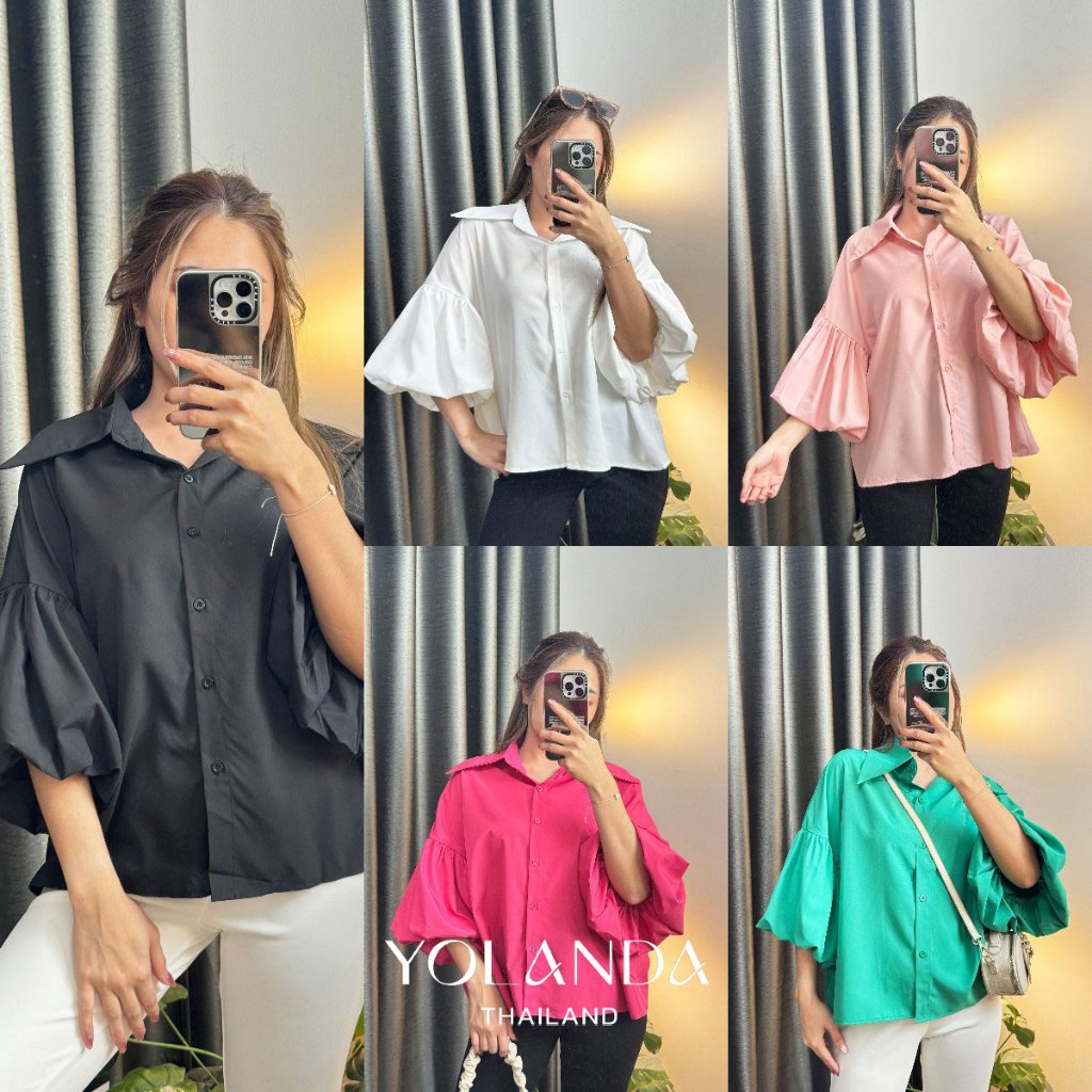 Yolanda เสื้อเชิ้ตแขน3ส่วน คอปก แต่งแขนบอลลูน จั้มปลายแขน ทรงหลวม ผ้าโพลีเอสเตอร์ เชิ้ตแฟชั่น เชิ้ตผู้หญิง FF1009