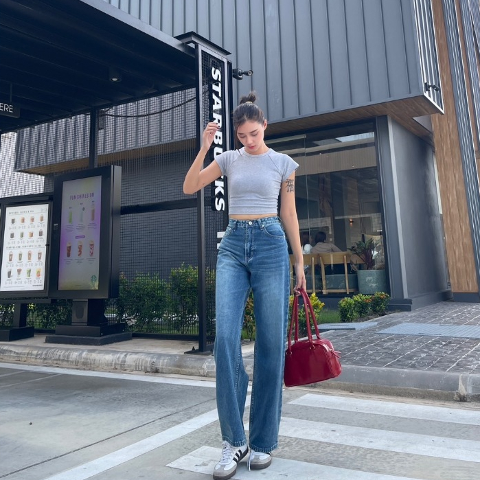 ยีนส์ Nammon Jeans T31 กางเกงยีนส์กระบอกใหญ่เรียบ-ผ้าไม่ยืด