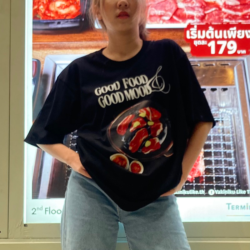 (พร้อมส่ง) เสื้อยืดลาย Good food Good mood ขาวดำ คอกลม มีไซส์