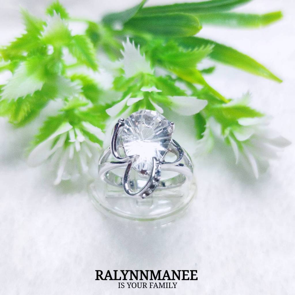 F6430 แหวนควอตซ์ใสแท้ ( Natural Quartz ) ตัวเรือนเงินแท้925 ชุบทองคำขาว ไซส์55 แก้ไซส์ฟรี