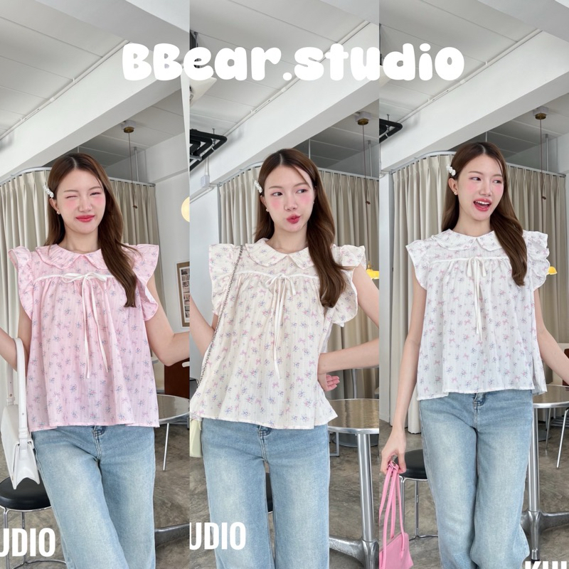 Khun studio เสื้อคอบัวแขนระบาย แต่งผูกโบว์หน้า