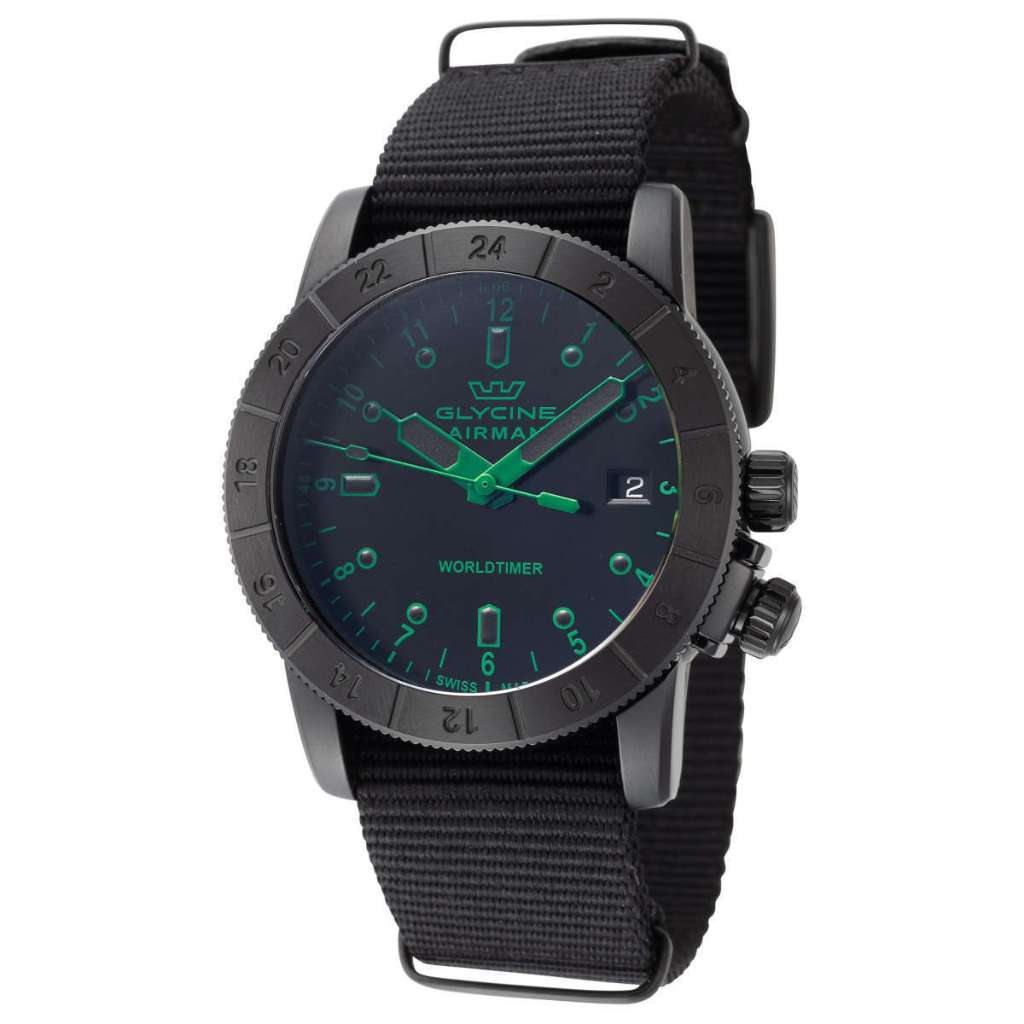 นาฬิกา GLYCINE MEN'S GL1040 AIRMAN WORLDTIME QUARTZ BLAKC GREEN DIAL STAINLESS STEEL NYLON BAND WATC