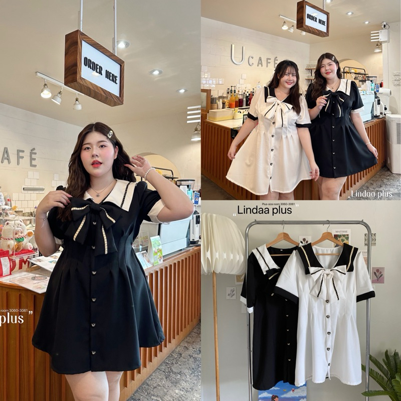 ✅เข้าเพิ่ม(LD) เดรสคอปกตัดสี (มีโบว์ถอดออกได้) กระดุมหัวใจ สวย เรียบร้อย น่ารักมากๆ เสื้อผ้าสาวอวบอ้วน พลัสไซส์ ไซส์ใหญ่