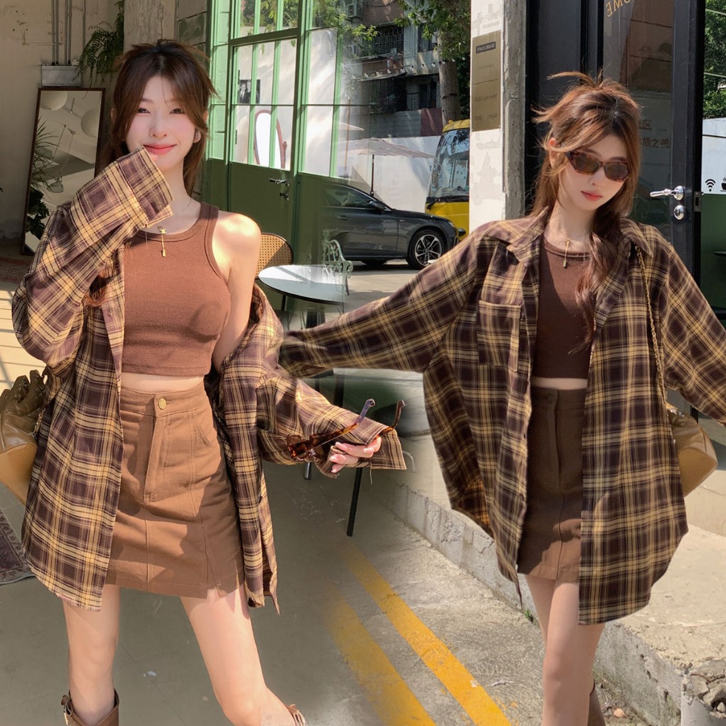 KOKO#เสื้อเชิ้ตลายสก๊อตยาวปานกลางสไตล์เรโทรอเมริกัน เสื้อแขนยาวลำลองแจ็คเก็ตกันแดด แฟชั่น ทรงหลวม สวมใส่สบาย#W457