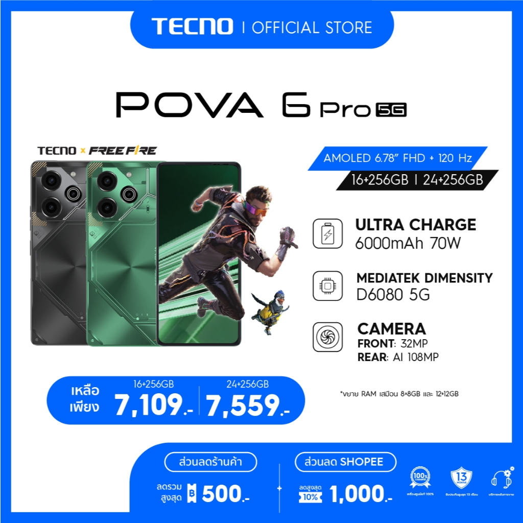 ซื้อ TECNO Pova 6 Pro 5G |70W Fast charge | 6000mAh | หน้าจอ AMOLED 120HZ  | 108MP | รับประกัน 13 เดือน