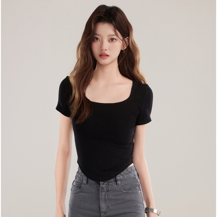 เสื้อยืดผู้หญิง เสื้อยืดคอยู สีทึบ เซ็กซี่ แขนสั้น ผิดปกติ ท็อปส์ซูผ้าฝ้าย แสดงผอม เสื้อยืดสาวอวบ เสื้อโอเวอร์ไซส์ M-4XL - รูปที่ 2