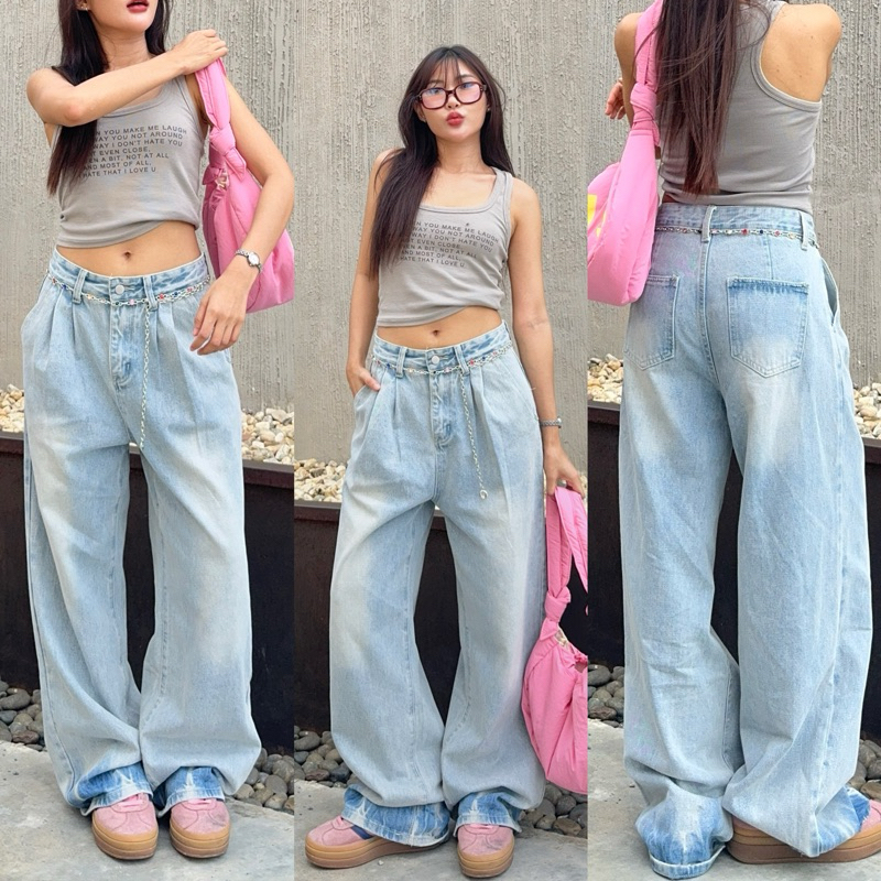 Bubble Jeans - ยีนส์ทรงกระบอกใหญ่ สีฟอกเฟด (มี2สี)