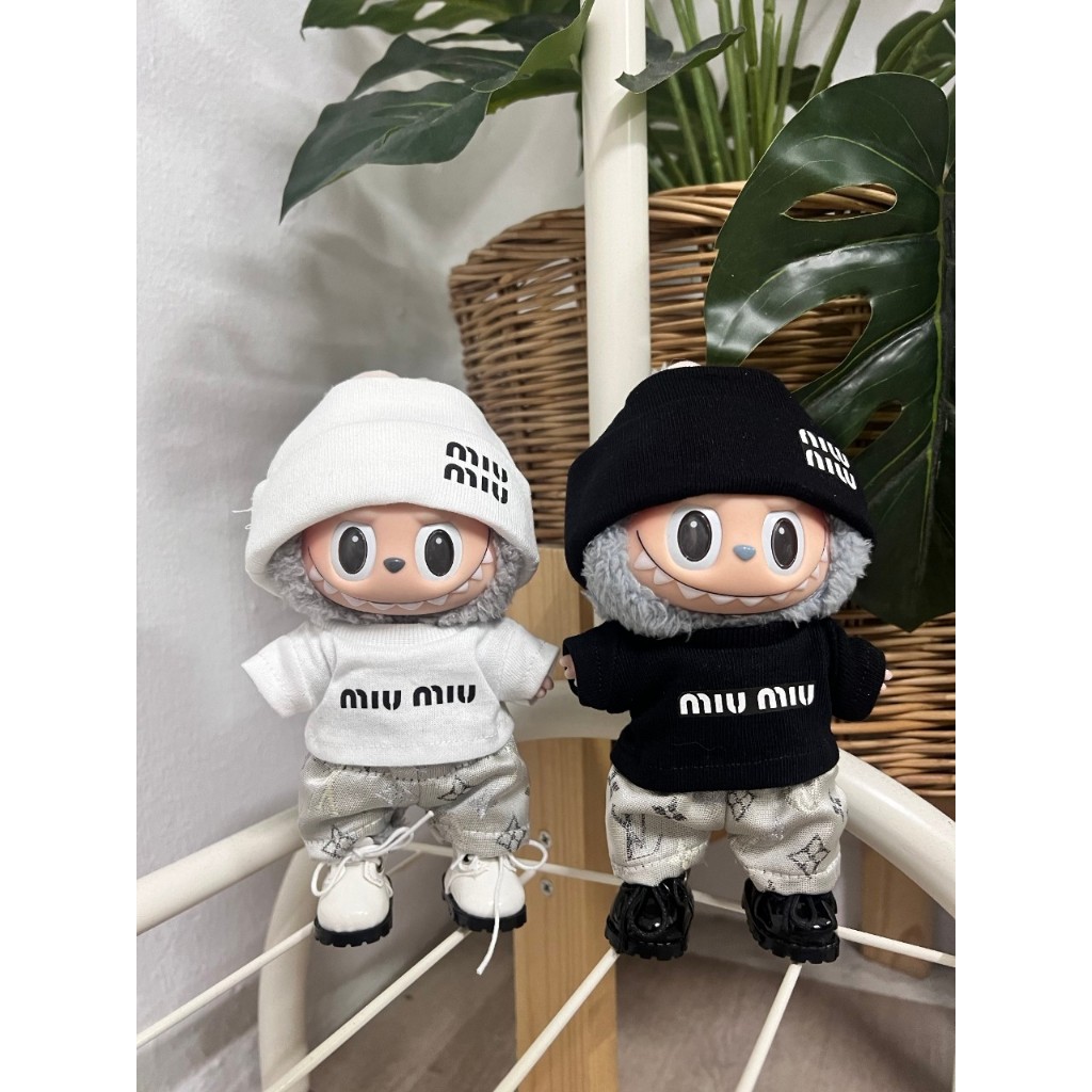 ชุดตุ๊กตา เสื้อสกรีนMU(เล็ก,ใหญ่) เสื้อ หมวกบินนี่ กางเกง เสื้อลาบูบู้ ขาว ดำ ชุดเซต labubu