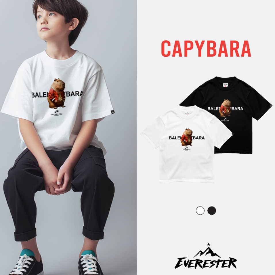 EVERESTER เสื้อเด็ก 4-12 ปี Cotton 100% / เสื้อคอฟิต Oversized เด็กผู้ชาย Capybara ดำ ขาว / Kexp