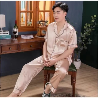 ชุดนอนผ้าซาตินผู้ชาย ชุดนอนแฟชั่นสไตล์เกาหลี ผ้าซาติน เสื้อแขนสั้น+กางเกงขายาว สีสวยสด ลื่น สบาย ผ้าดี S8