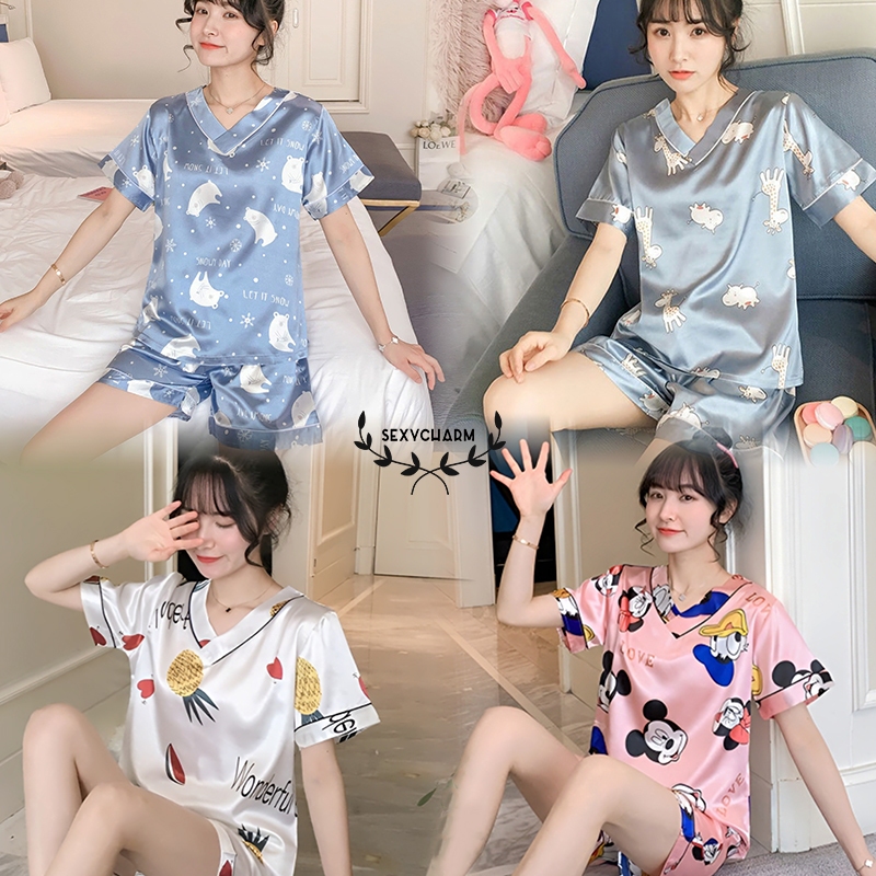 Sexy Charm เย็นสบายในฤดูร้อน ชุดนอนแขนกางเกงขาสั้น ชุดนอนลายการ์ตูน ชุดสองชิ้น หลากหลายสไตล์