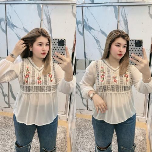 M80 เสื้อไหมพรมถักแต่งเเขนชีฟอง ดอกสวยจึ้ง