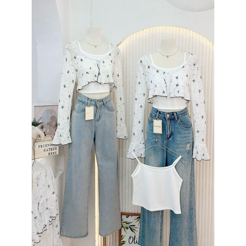 NN567 set 2 pcs. สายเดี่ยว+เสื้อคลุมลูกไม้ลายโบว์ผูกอก G-Rose